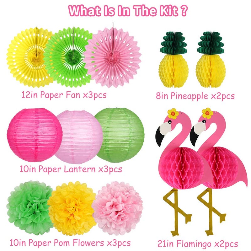 YUNXUAN Flamingo Party Supplies, Hawaiian Party Decorations Flamingo and Pineapple Honeycomb Ball Paper Lanterns Paper Fans Pom poms Flowers for Birthday Luau Tropical Bachelorette Party - Image 2